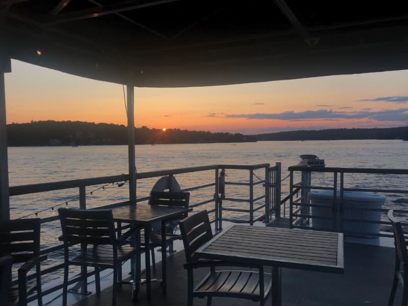The upper deck on Miss Lotta at sunset