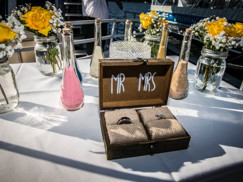 Mr and Mrs ring box on a table